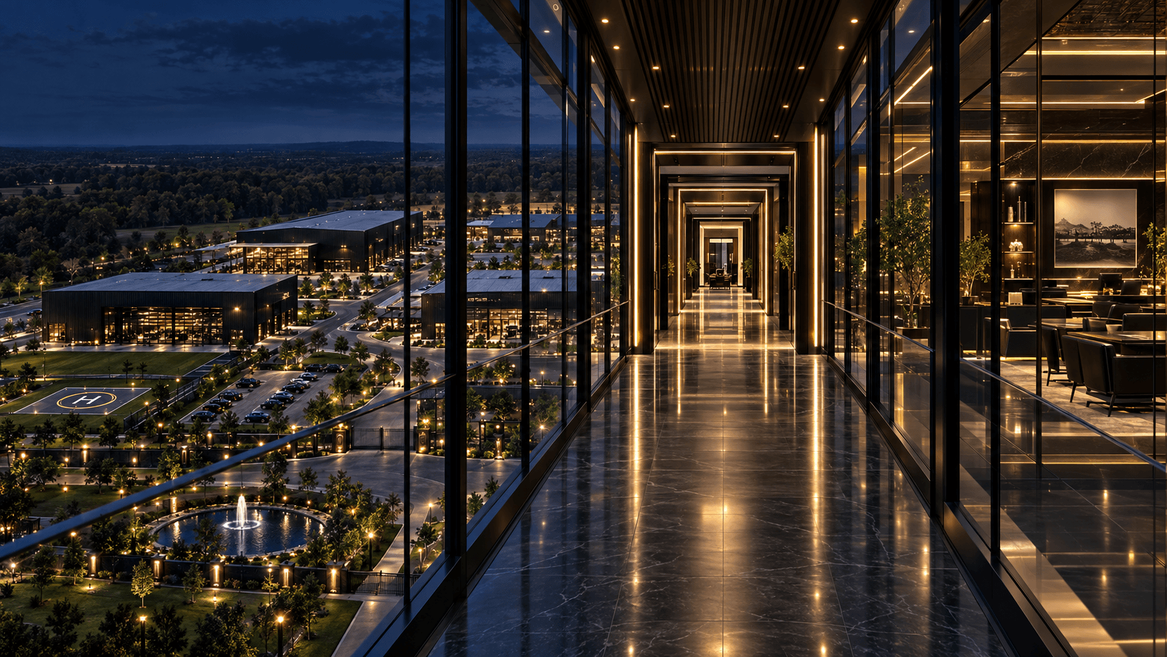 A cinematic Traders Boule trading penthouse overlooking the city at night