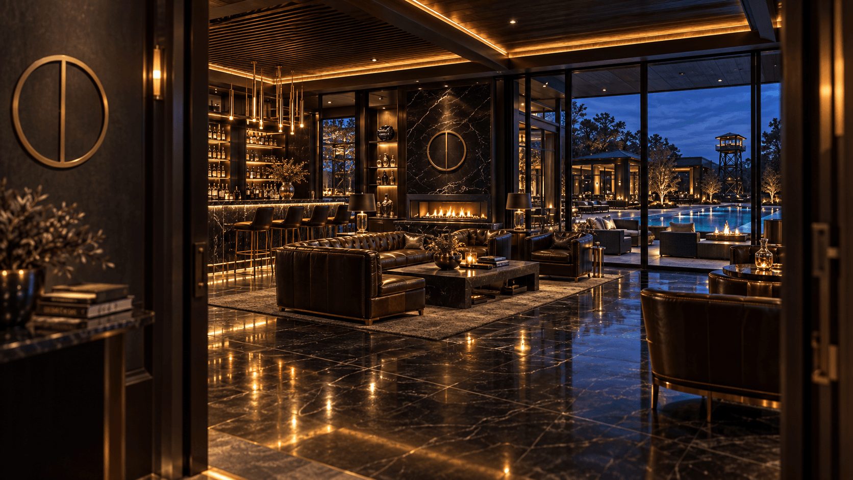 A cinematic Traders Boule trading penthouse overlooking the city at night