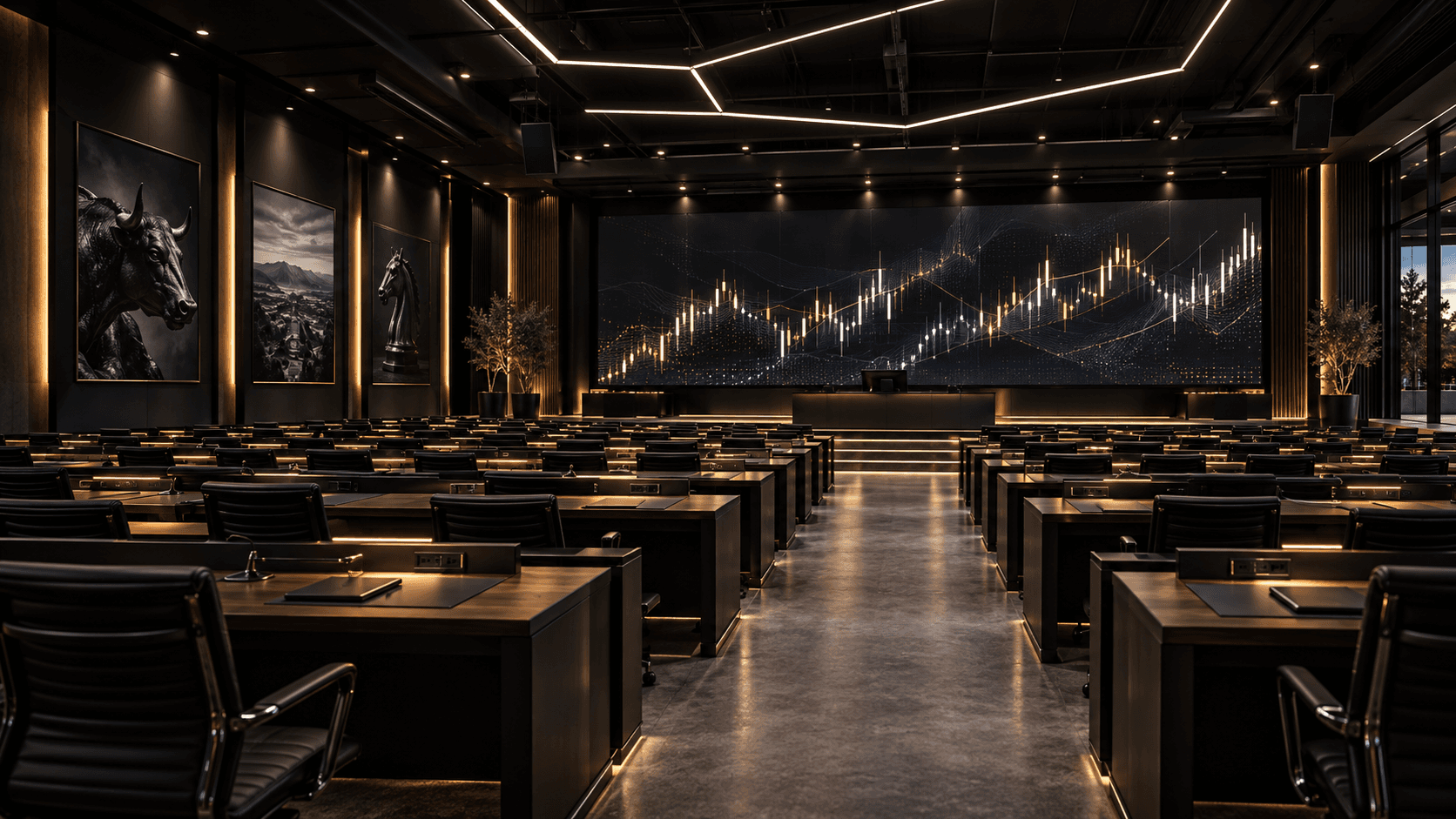 A cinematic Traders Boule trading penthouse overlooking the city at night