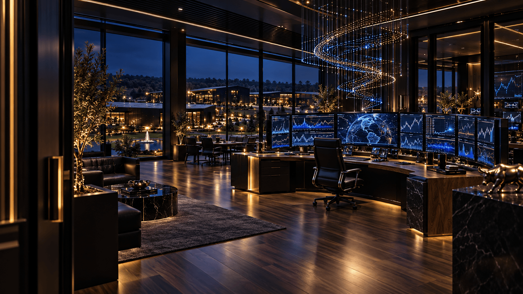 A cinematic Traders Boule trading penthouse overlooking the city at night