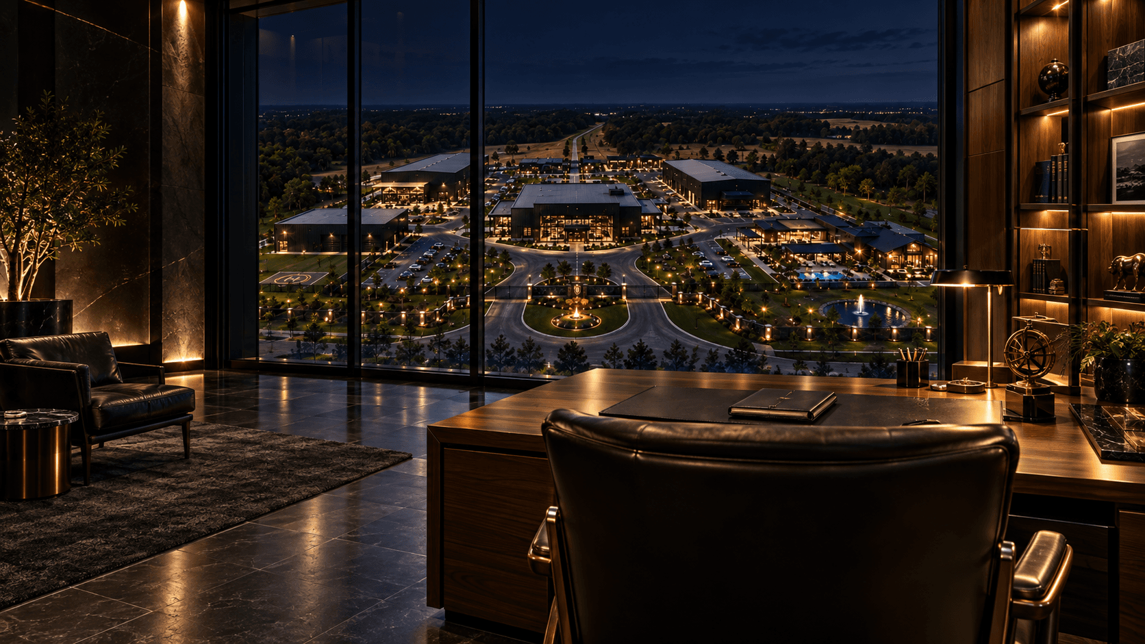 A cinematic Traders Boule trading penthouse overlooking the city at night